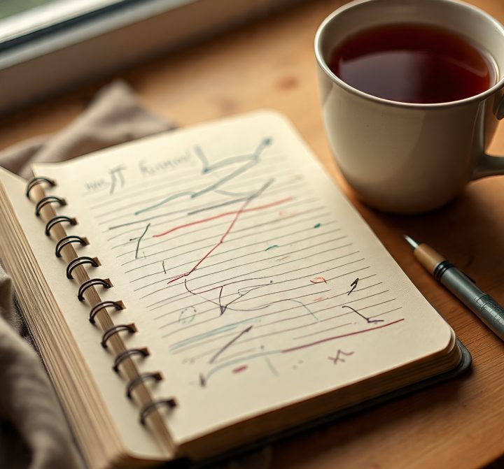 Messy journal page with doodles and crossed-out sentences